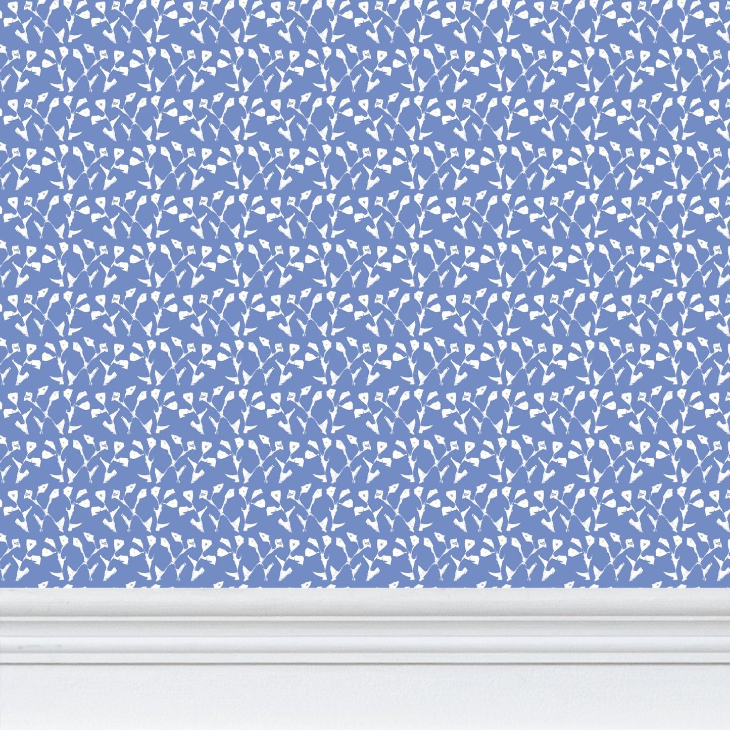 Genevieve Wallpaper blue repeat pattern by Erin Donahue Tice with white motifs on Tampa Home & Garden Store