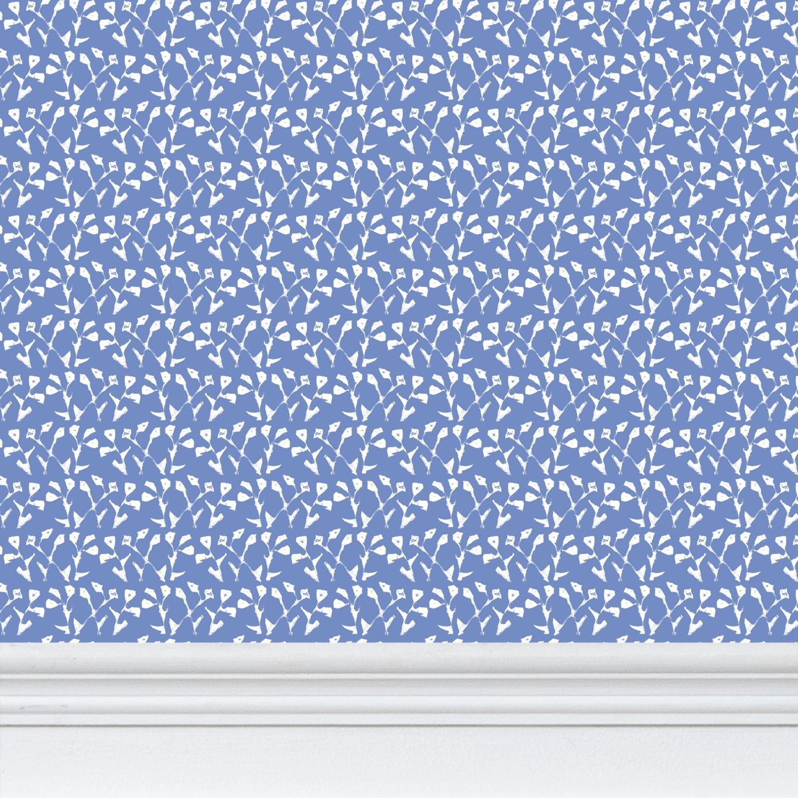 Genevieve Wallpaper blue repeat pattern by Erin Donahue Tice with white motifs on Tampa Home & Garden Store