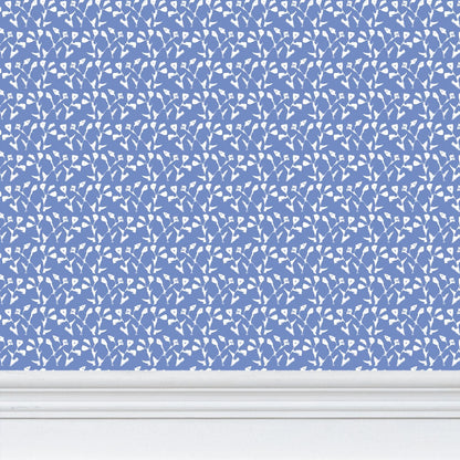 Genevieve Wallpaper blue repeat pattern by Erin Donahue Tice with white motifs on Tampa Home & Garden Store