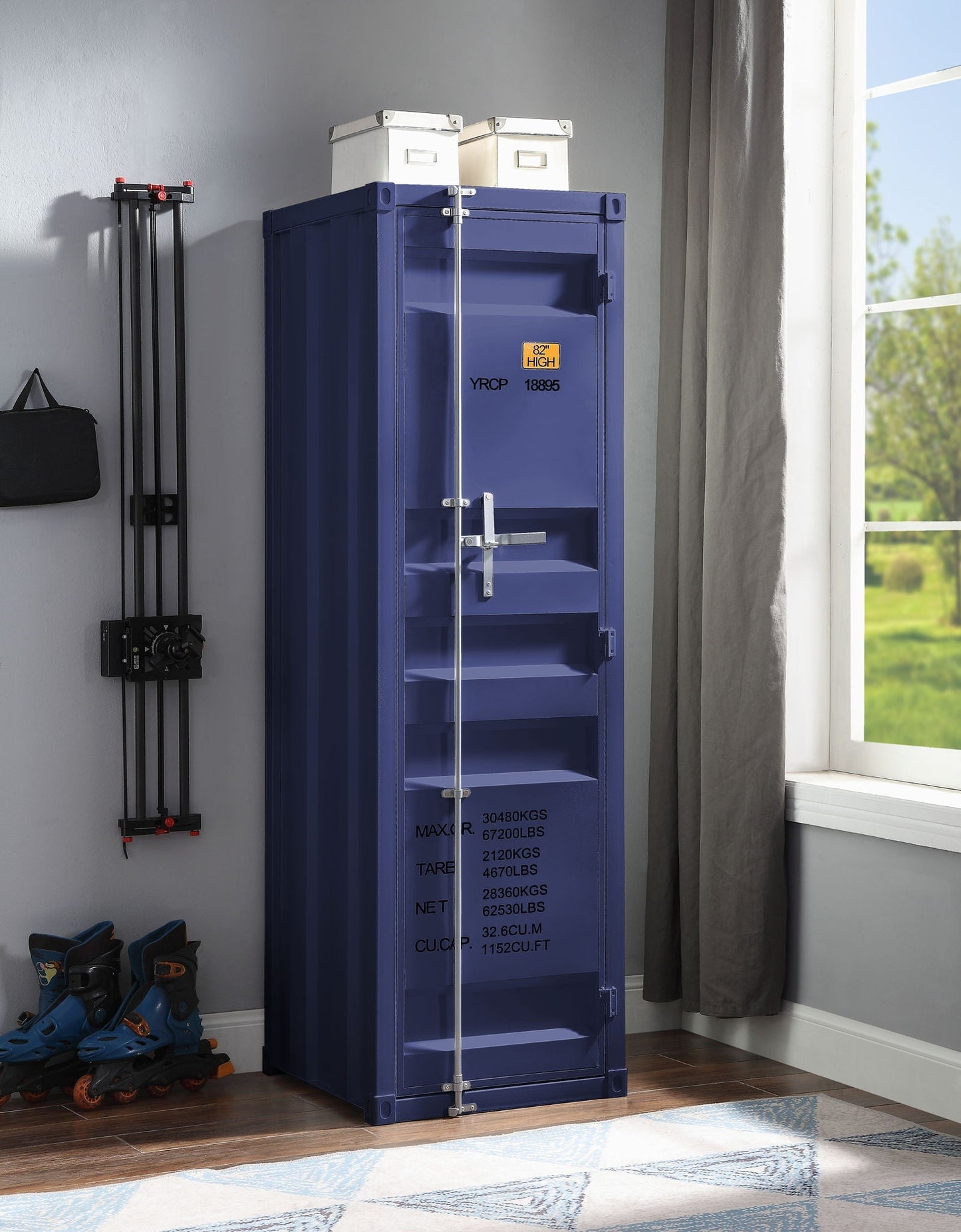 Cargo Wardrobe blue metal triple wardrobe by HouseOfZazla with silver hardware on Tampa Home & Garden Store