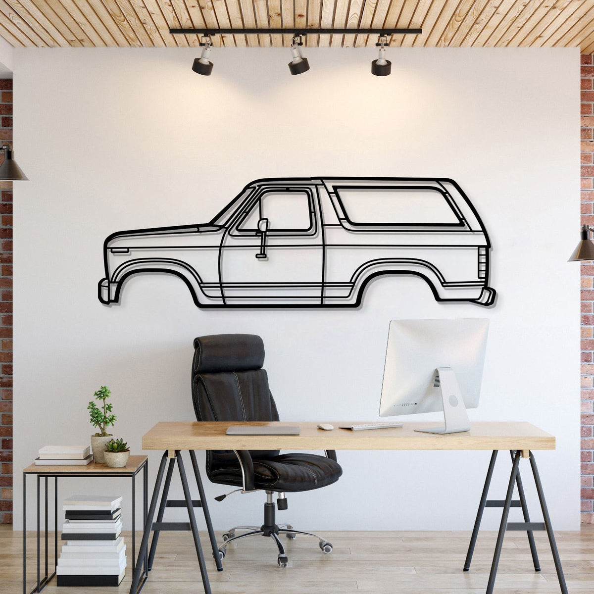 1983 Bronco metal wall art by Modello Turbo, black line-art SUV silhouette on white wall on Tampa Home & Garden Store