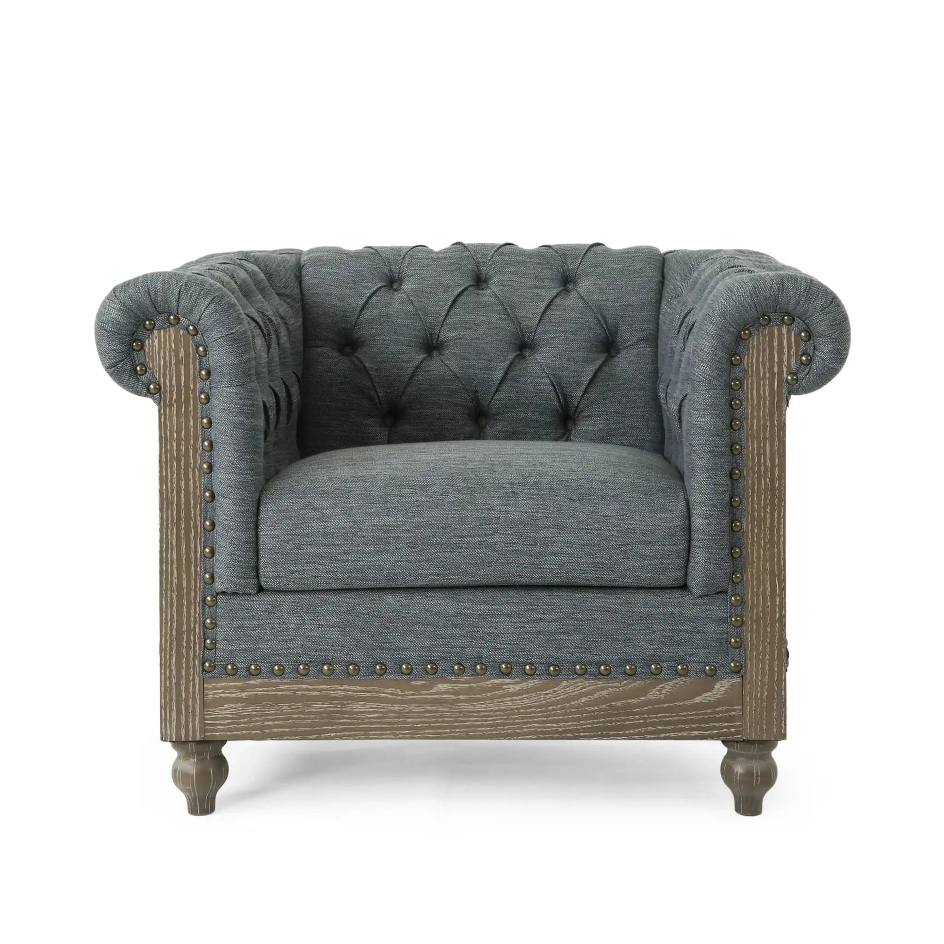 Fabric upholstered club chair with scrolled tuxedo arms in gray textured fabric on Tampa Home & Garden Store