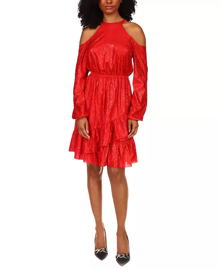 Red cold-shoulder dress with long sleeves and tiered ruffle skirt, new with tags on Tampa Home & Garden Store