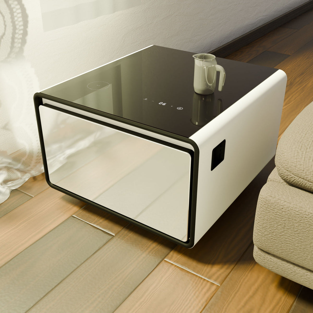 Smart side table with fridge and wireless charging, glass top, black frame HouseOfZazla on Tampa Home & Garden Store