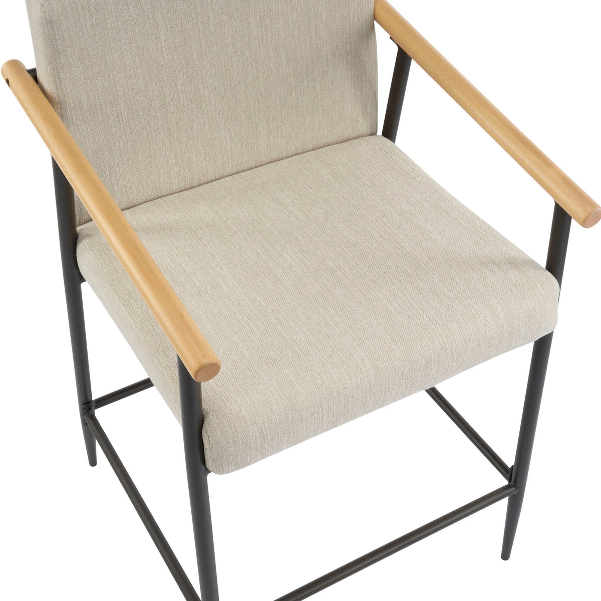 Mid Century Modern Counter Stool Set with Iron Frame beige fabric upholstery, wood arms on Tampa Home & Garden Store