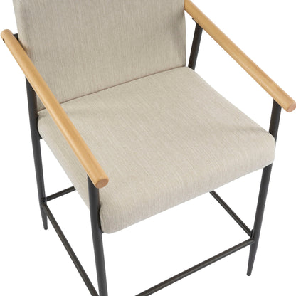 Mid Century Modern Counter Stool Set with Iron Frame beige fabric upholstery, wood arms on Tampa Home & Garden Store