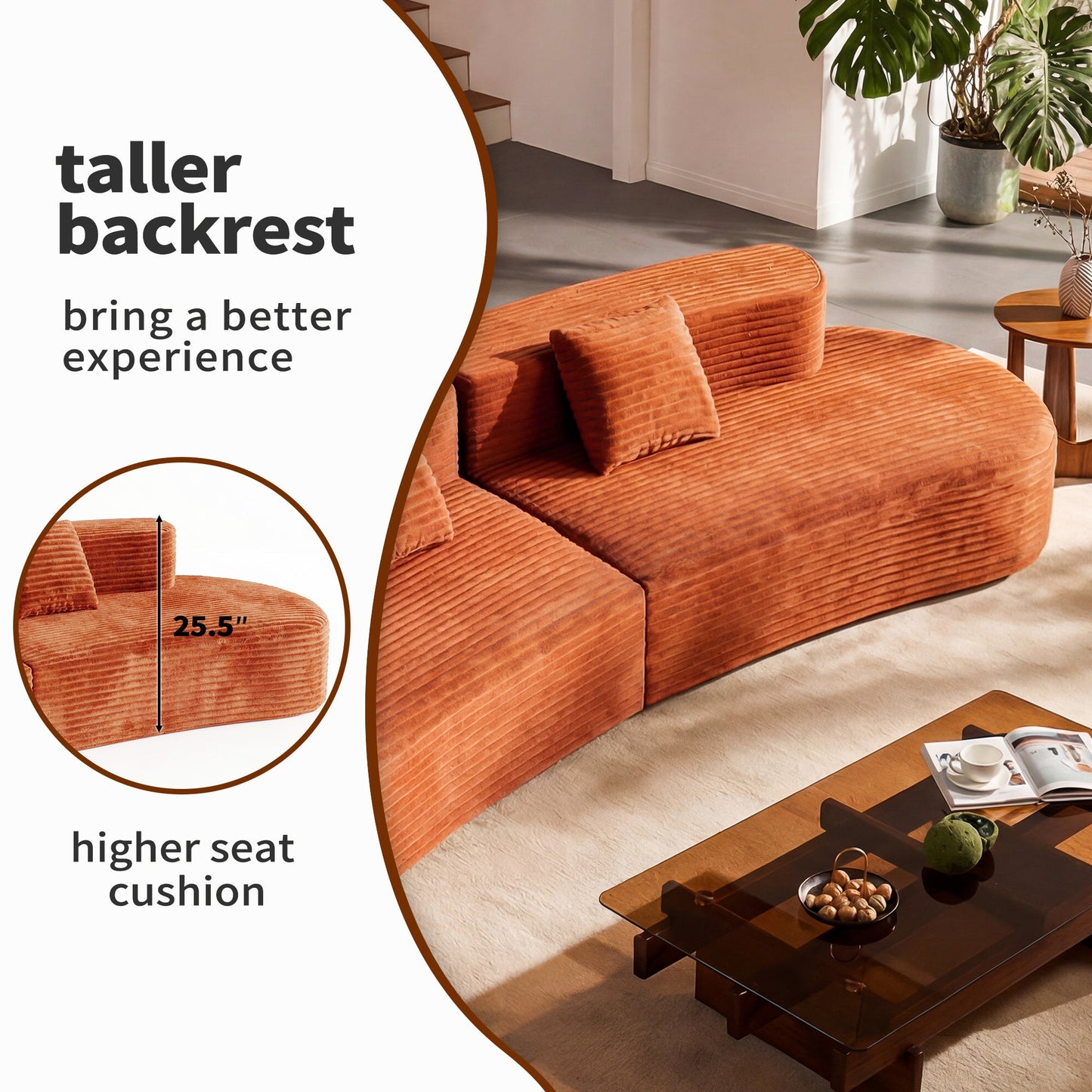 108.6-Inch curved sofa in burnt orange corduroy with cloud pattern, HouseOfZazla sectional on Tampa Home & Garden Store
