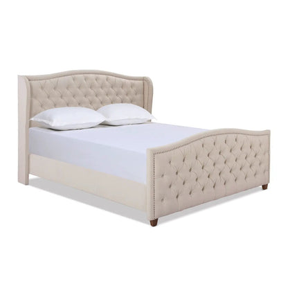 Marcella upholstered shelter bed with tufted beige headboard by Unique Piece Furniture on Tampa Home & Garden Store