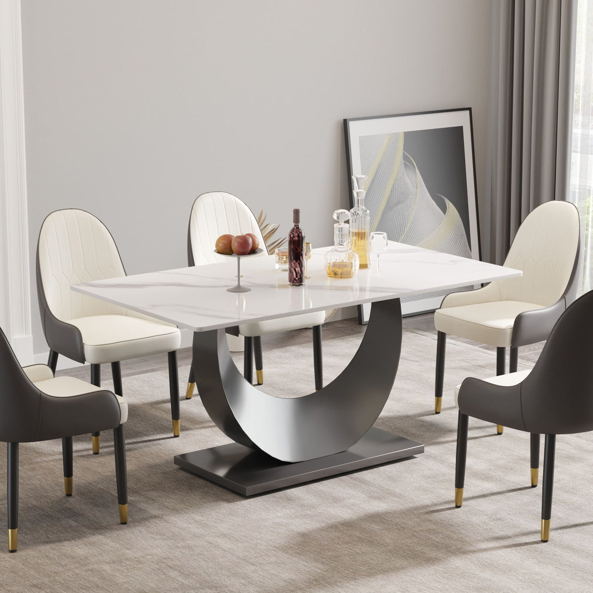 Modern artificial stone dining table with white top and crescent metal legs 4 white chairs on Tampa Home & Garden Store