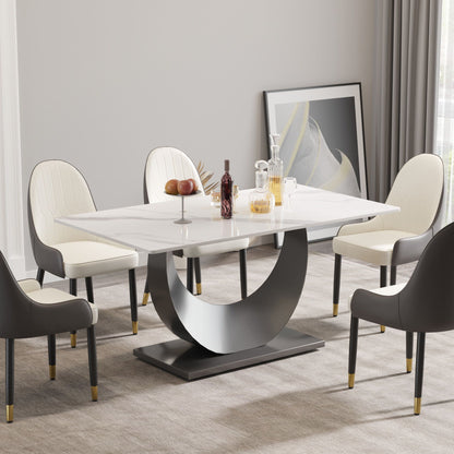Modern artificial stone dining table with white top and crescent metal legs 4 white chairs on Tampa Home & Garden Store