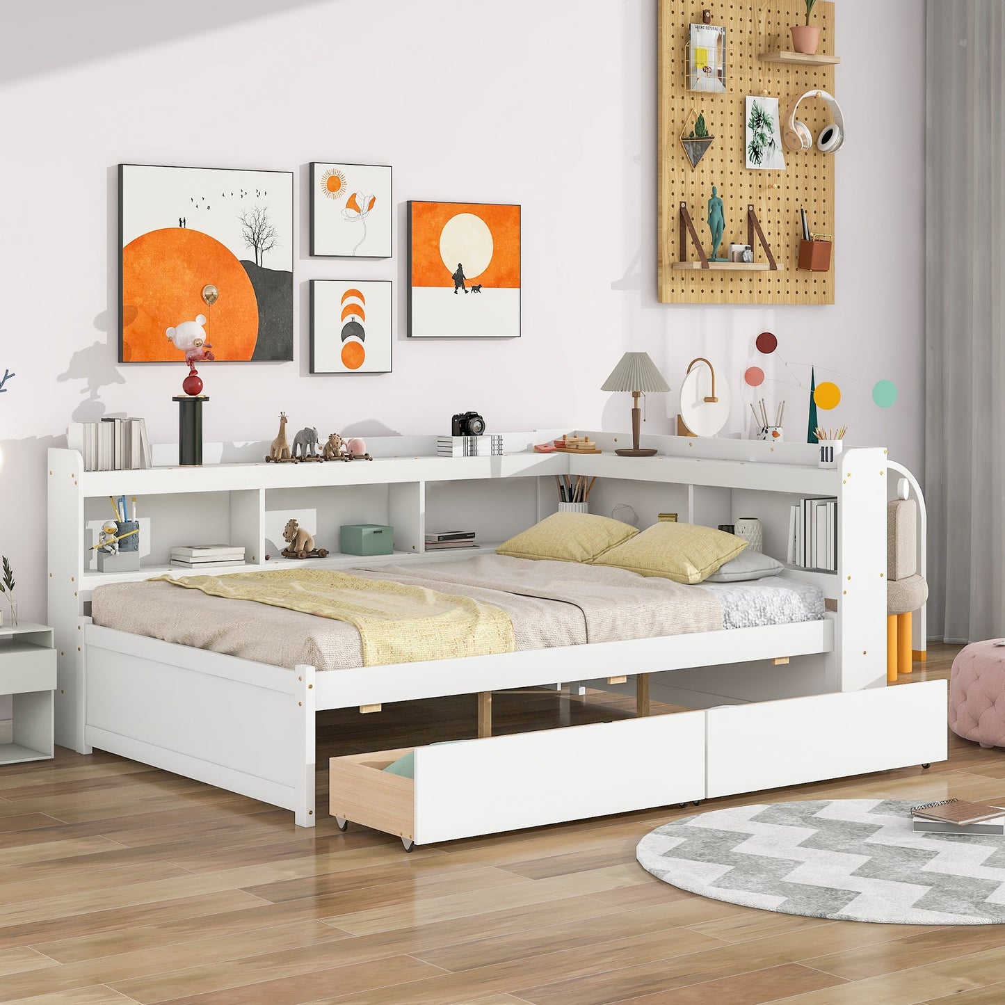 Full Bed with L-shaped Bookcases, Drawers ,White - Tampa Home & Garden Store