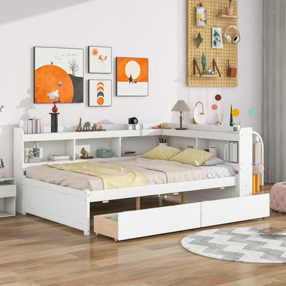 Full Bed with L-shaped Bookcases, Drawers ,White - Tampa Home & Garden Store