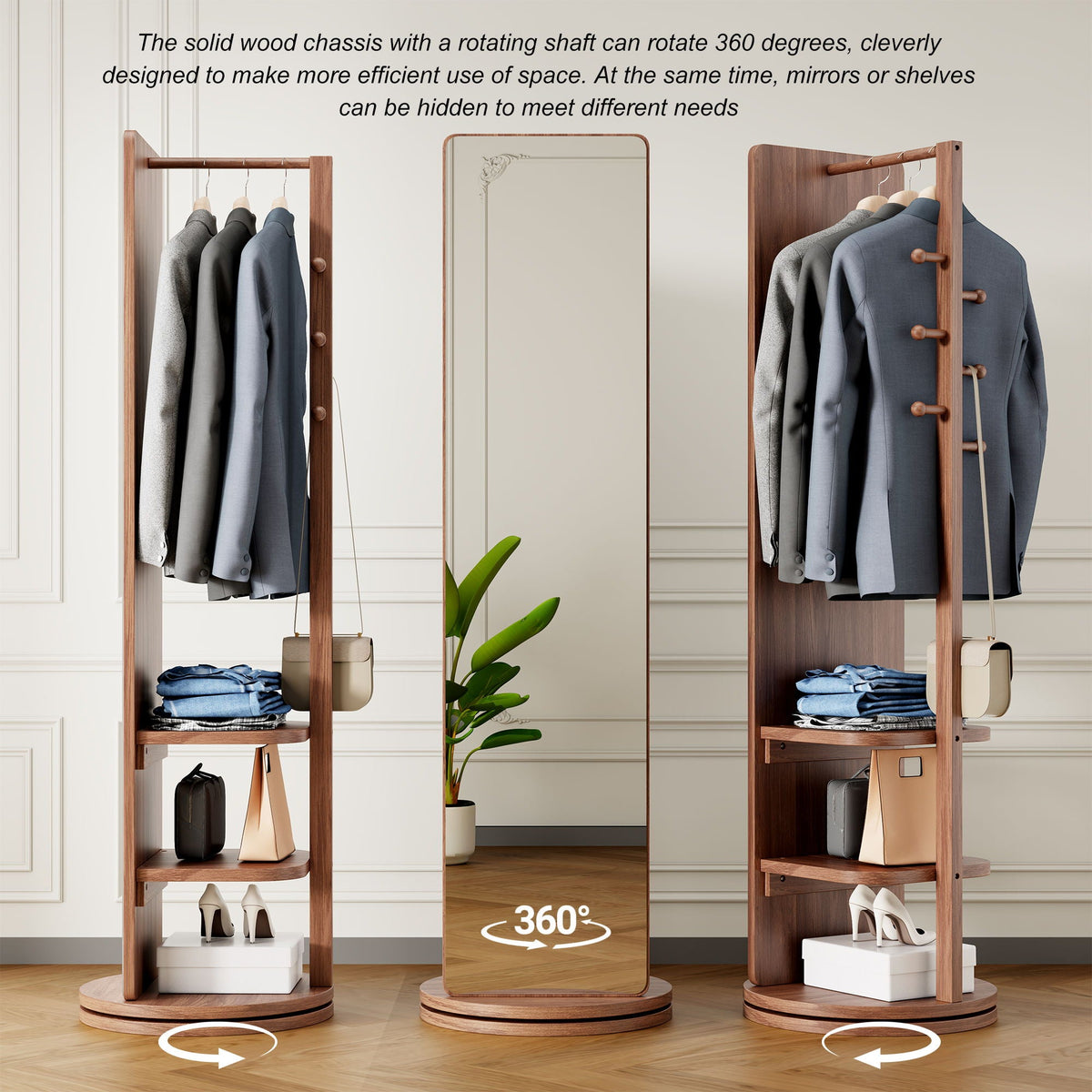 3-in-1 rotating full-length clothing mirror with wood frame between two storage trunks on Tampa Home & Garden Store