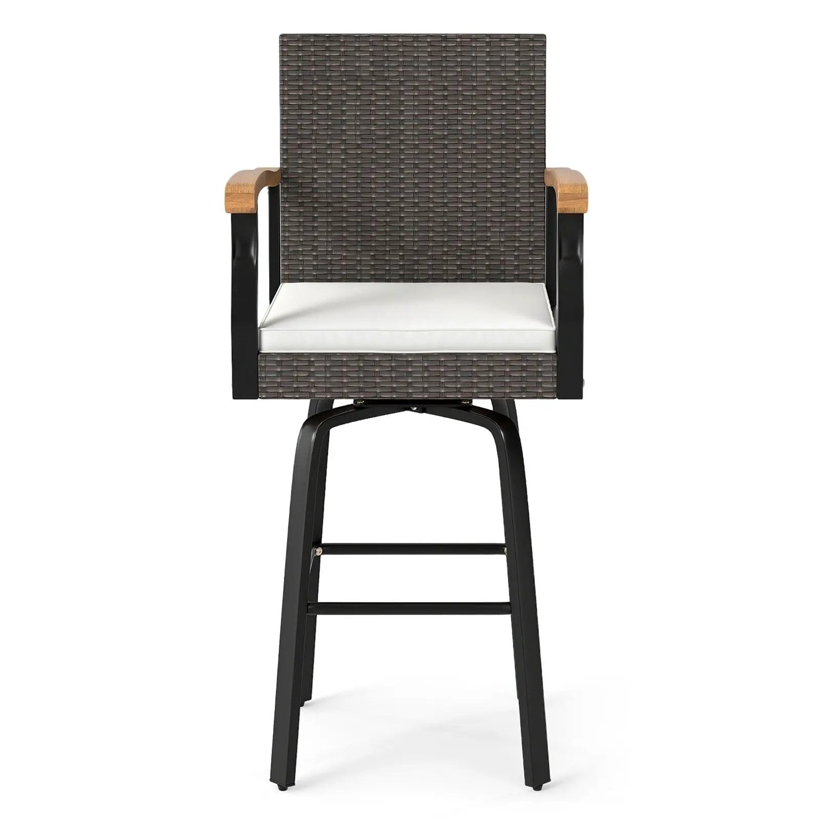 Set of 2 outdoor 360° swivel bar stools with white cushions and acacia wood armrests on Tampa Home & Garden Store