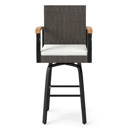 Set of 2 outdoor 360° swivel bar stools with white cushions and acacia wood armrests on Tampa Home & Garden Store
