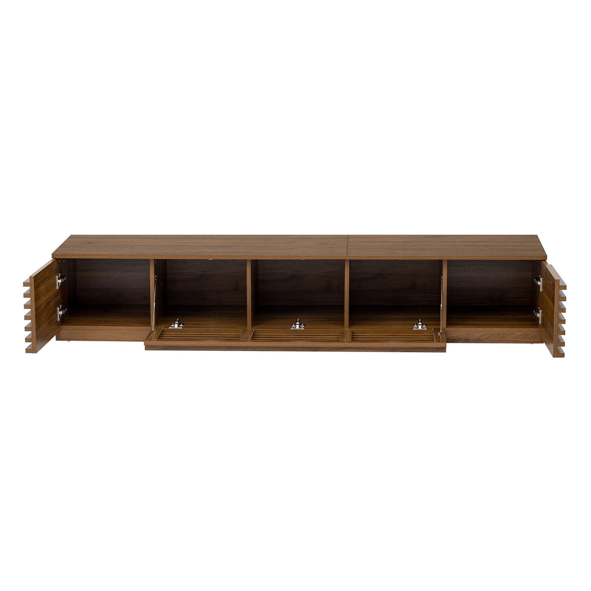 Walnut TV stand by HouseOfZazla with cable management and soft-closing hinges, open cubbies on Tampa Home & Garden Store
