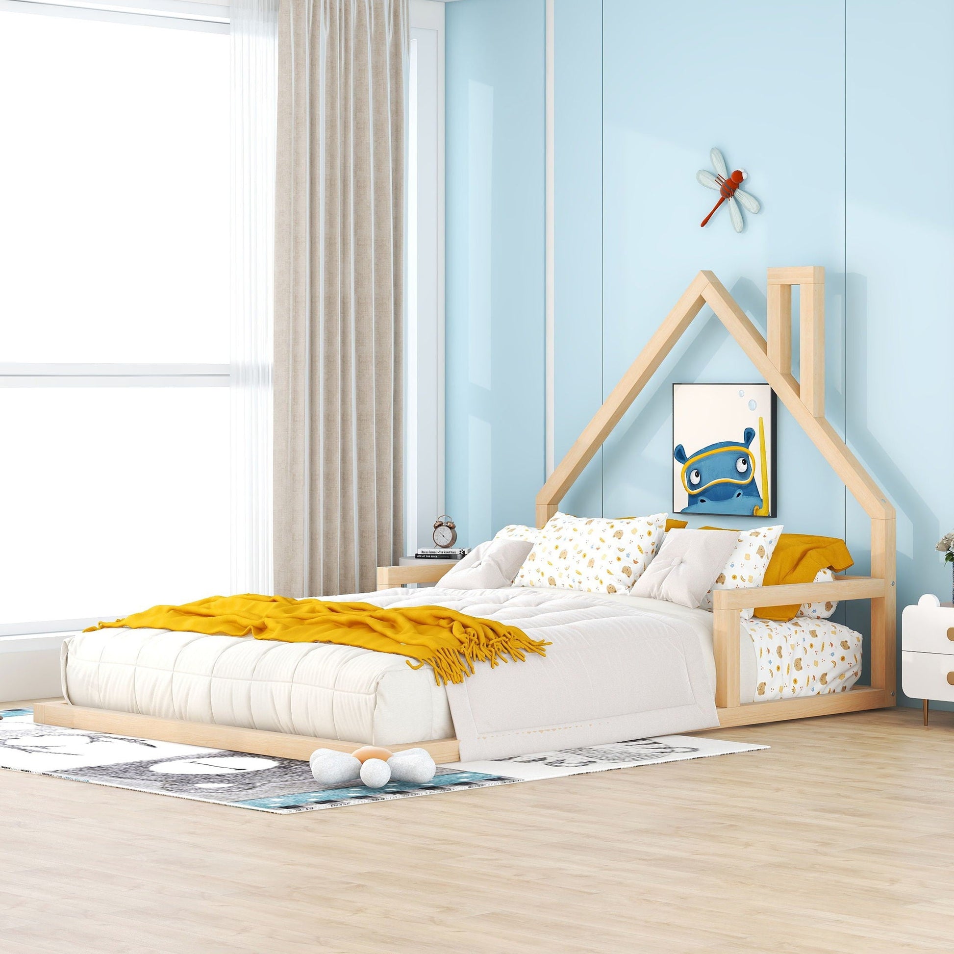Elegant Floor Bed with House Shaped Headboard by HouseOfZazla, light wood frame, white bedding on Tampa Home & Garden Store