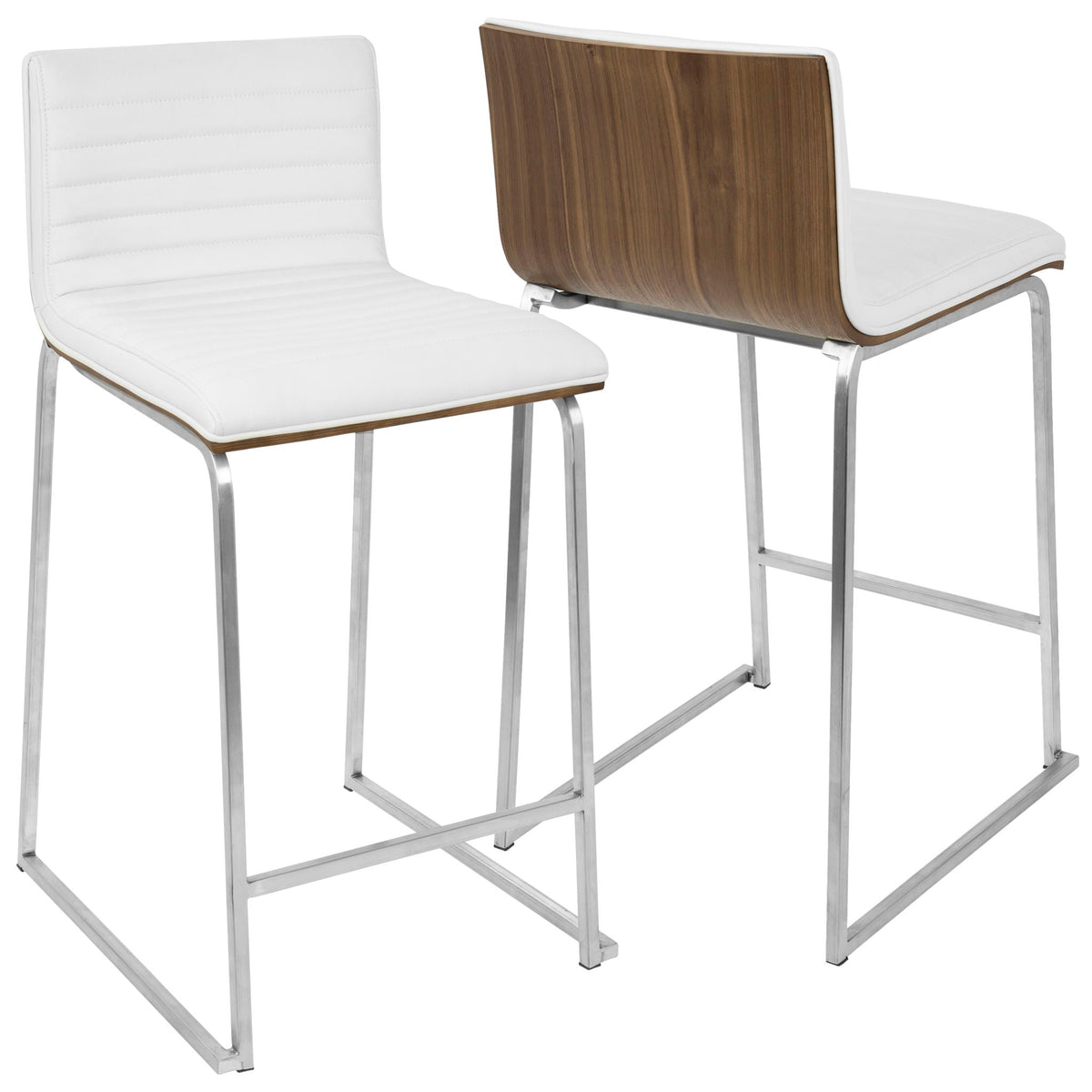 Contemporary counter stool set of 2 with white tufted seats, wood back panels and chrome legs on Tampa Home & Garden Store