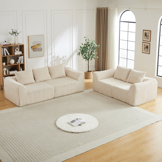 HouseOfZazla Minimalist 3+2 seater corduroy sofa set in cream, two-piece living room seating on Tampa Home & Garden Store
