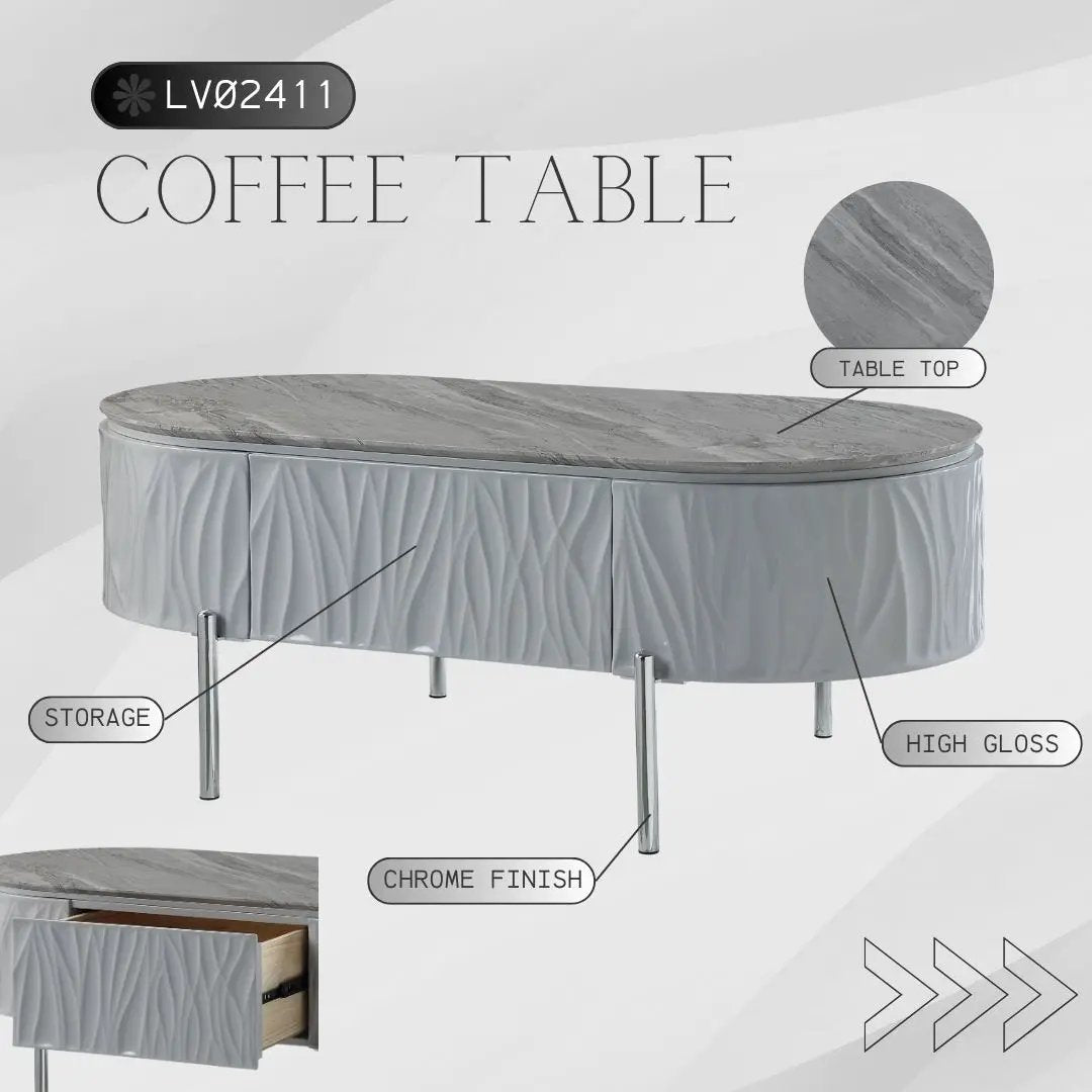 Yukino high-gloss sofa table with stone top and chrome legs, storage drawers on Tampa Home & Garden Store