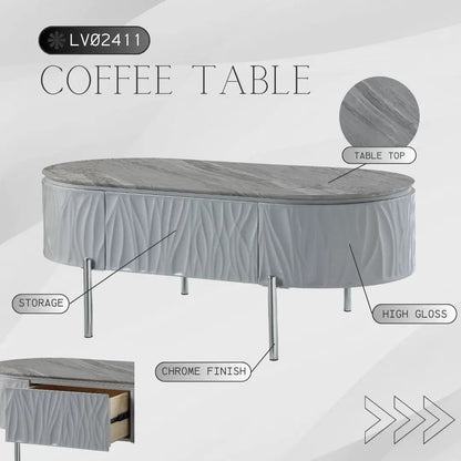 Yukino high-gloss sofa table with stone top and chrome legs, storage drawers on Tampa Home & Garden Store