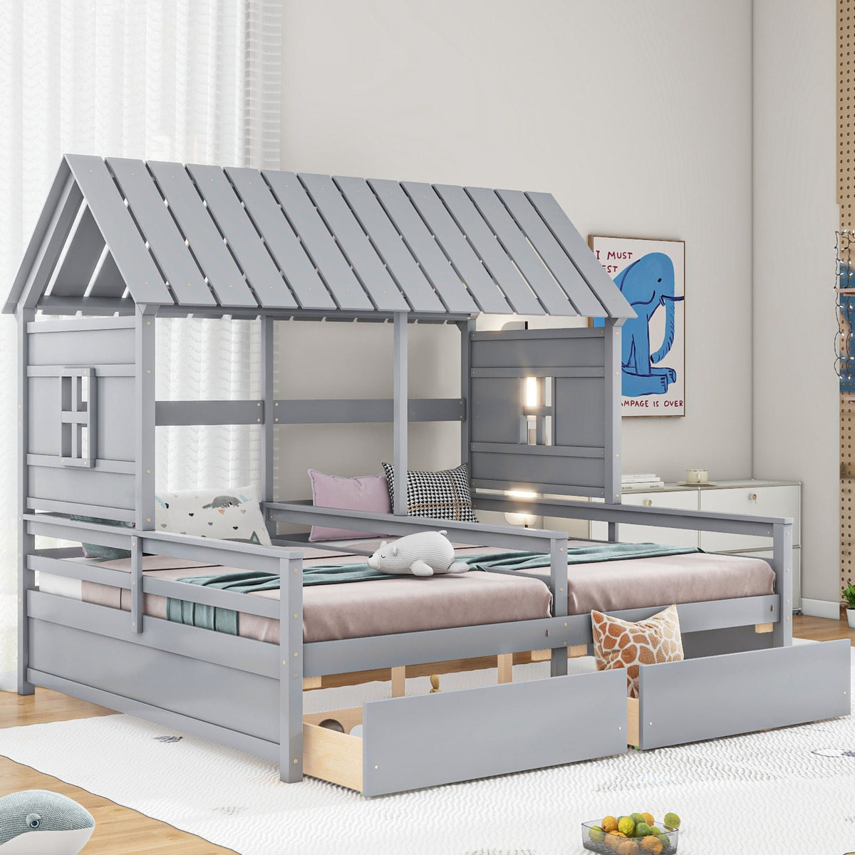House Platform Beds with 2 Drawers side-by-side design in gray by HouseOfZazla on Tampa Home & Garden Store