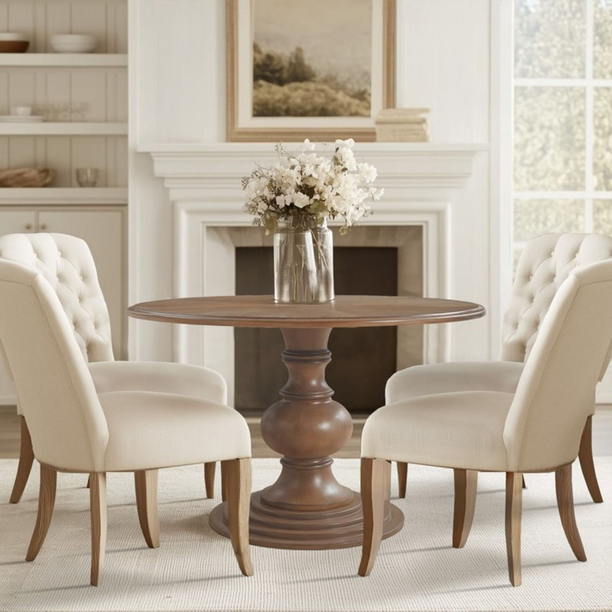 Walnut round pedestal dining table with diamond veneer top, flanked by upholstered chairs on Tampa Home & Garden Store
