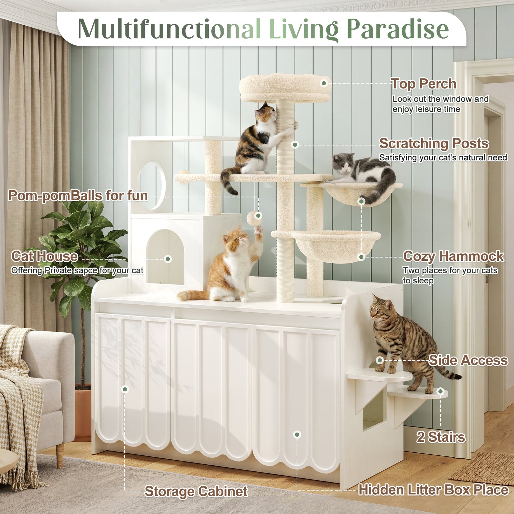 Cat Tree with Litter Box Enclosure, beige plush and sisal posts, storage cabinet, levels on Tampa Home & Garden Store