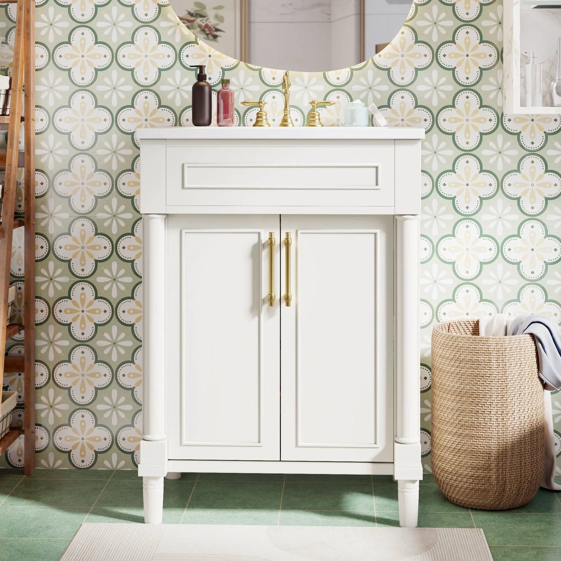 Bathroom vanity with integrated sink, white wood cabinet with brass handles and two doors on Tampa Home & Garden Store