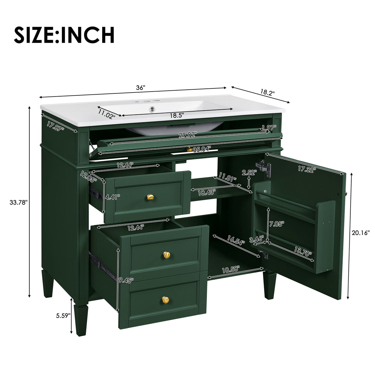 36-inch bathroom vanity with ceramic sink in green by HouseOfZazla featuring storage drawers on Tampa Home & Garden Store