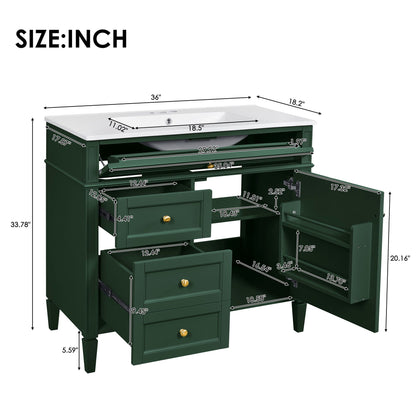 36-inch bathroom vanity with ceramic sink in green by HouseOfZazla featuring storage drawers on Tampa Home & Garden Store