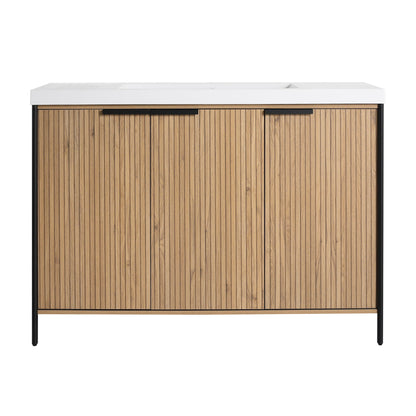 Modern freestanding bathroom vanity by HouseOfZazla with resin sink, white countertop, black metal frame and natural wood vertical slat doors on Tampa Home & Garden Store
