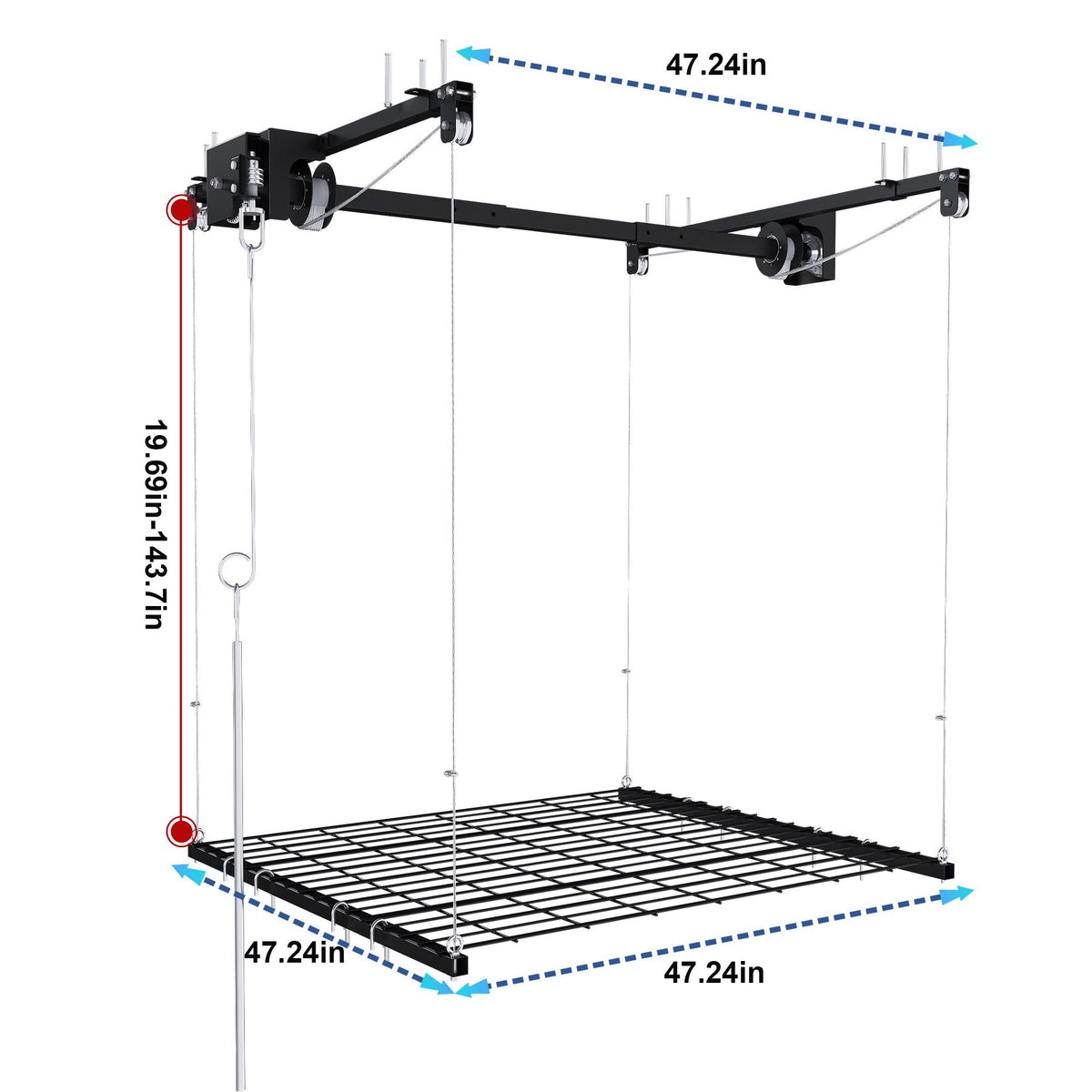 Overhead garage storage rack with crank system in black metal 47.24in wide HouseOfZazla on Tampa Home & Garden Store