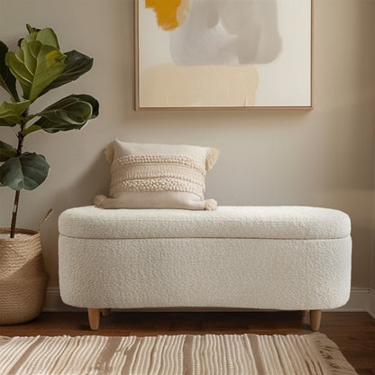 Flip Top Storage Bench beige boucle with soft-close hinges, textured cream fabric on Tampa Home & Garden Store