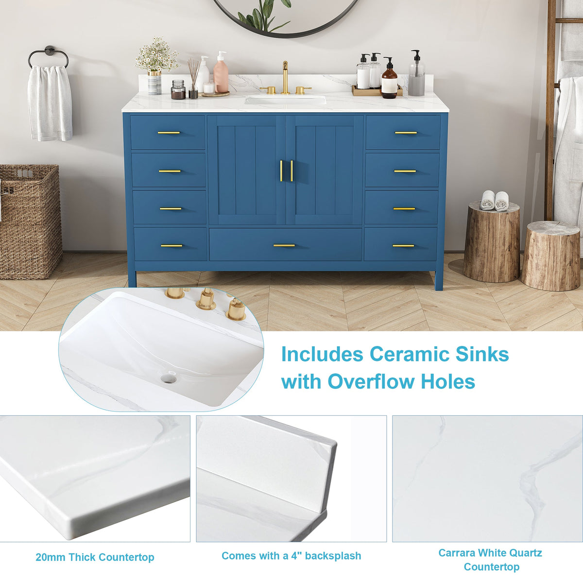 60in solid wood bathroom vanity with Carrara sink in blue and gold hardware on Tampa Home & Garden Store