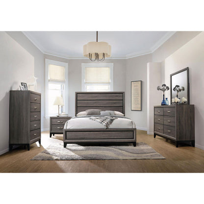 Queen Gray Oak Panel Bed and Black Accents