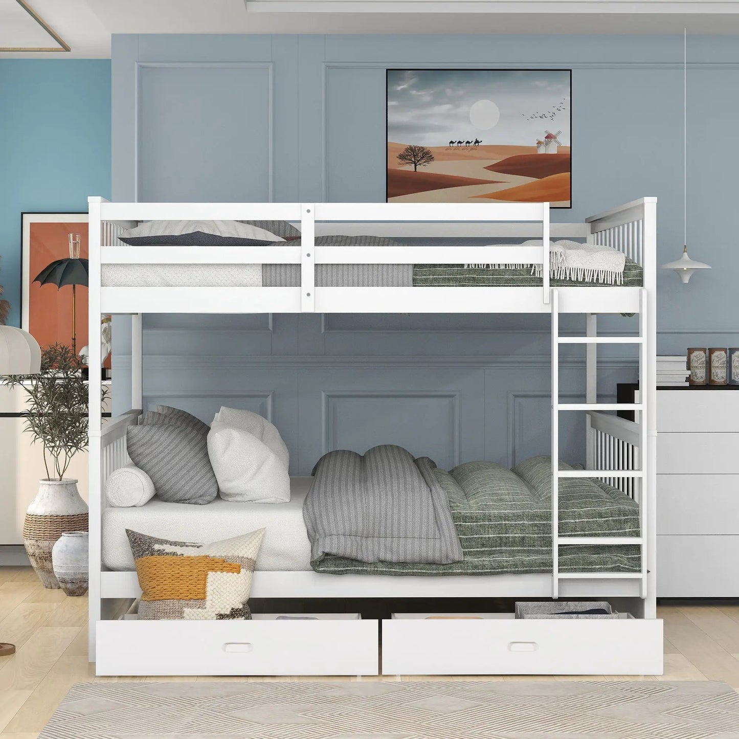White bunk bed with ladders and 2-drawer storage, kids study area on Tampa Home & Garden Store