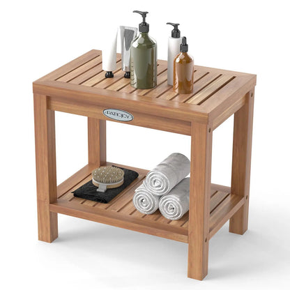 19 Inch Teak Wood Shower Bench With Storage Shelf