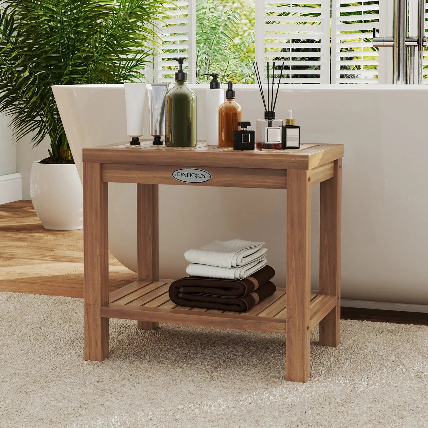 19 Inch Teak Wood Shower Bench With Storage Shelf