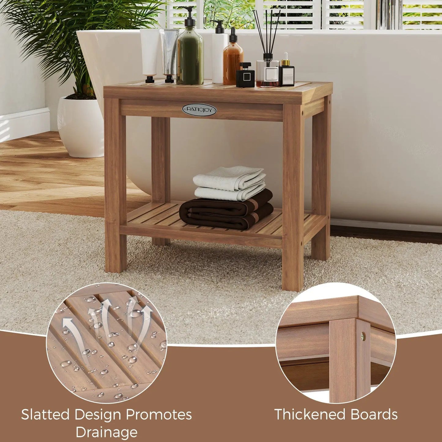 19 Inch Teak Wood Shower Bench With Storage Shelf