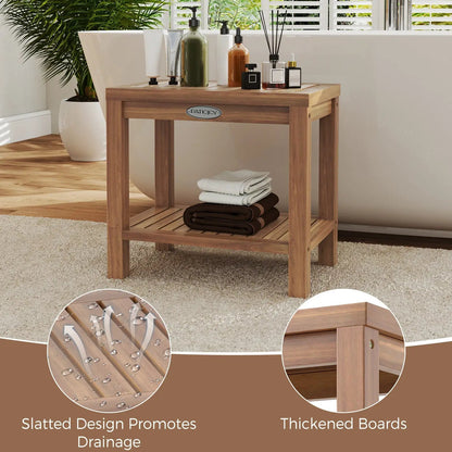 19 Inch Teak Wood Shower Bench With Storage Shelf