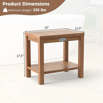 19 Inch Teak Wood Shower Bench With Storage Shelf