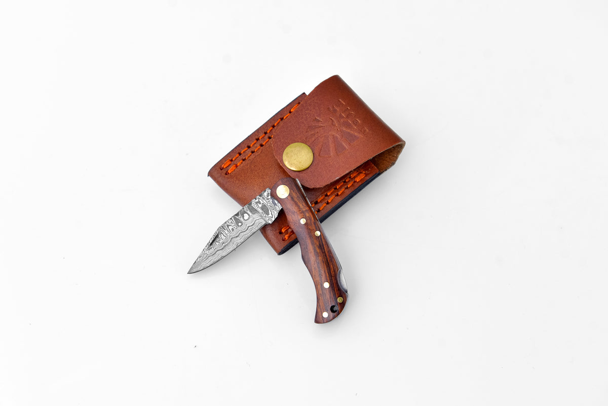 Damascus steel knife TF-003 Titan International K with wood handle and leather sheath on Tampa Home & Garden Store