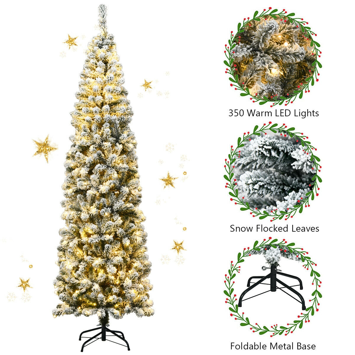 7.5 ft pre-lit snow-flocked artificial pencil Christmas tree with warm LED lights and metal base on Tampa Home & Garden Store
