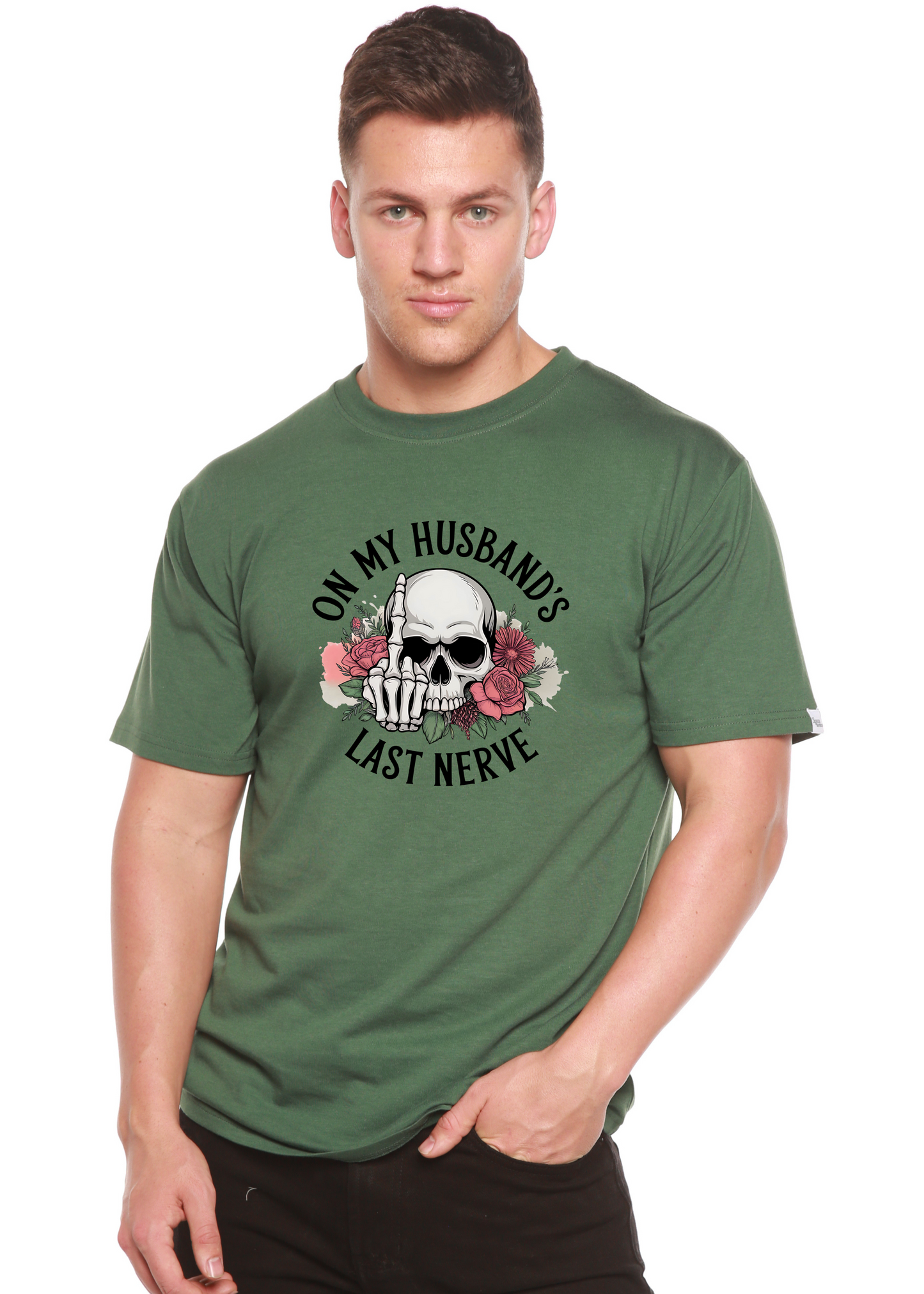 On My Husbands Last Nerve graphic tee in green with skull and floral circle design on Tampa Home & Garden Store