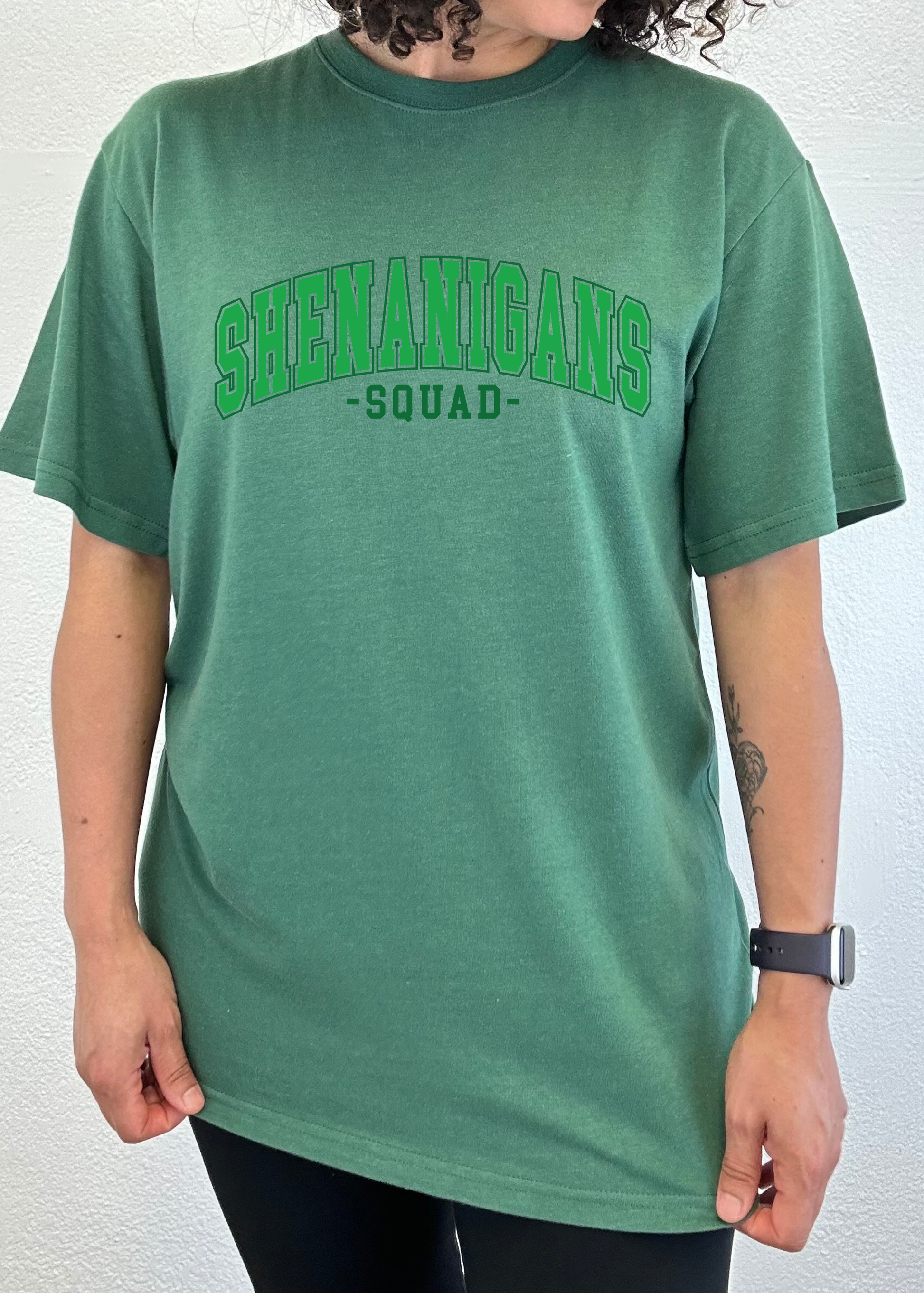 Shenanigans Squad bamboo/cotton graphic T-shirt in green with arch lettering Spun Bamboo on Tampa Home & Garden Store