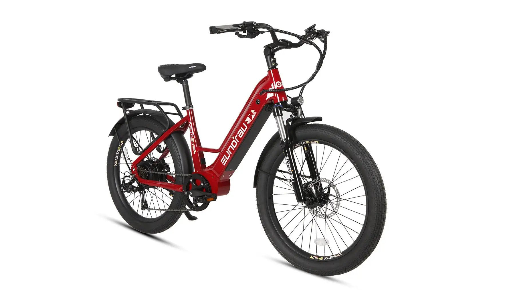META26 1.0 electric bike by EUNORAU E-BIKE US, red step-through, front suspension, rear rack on Tampa Home & Garden Store