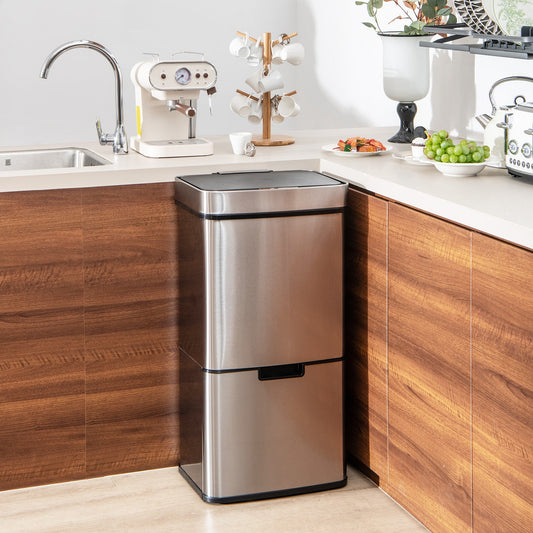 19 Gal Stainless Steel Trash Can with Kitchen Waste Bin and 2 Bottom Recycling Bins-Silver - Tampa Home & Garden Store