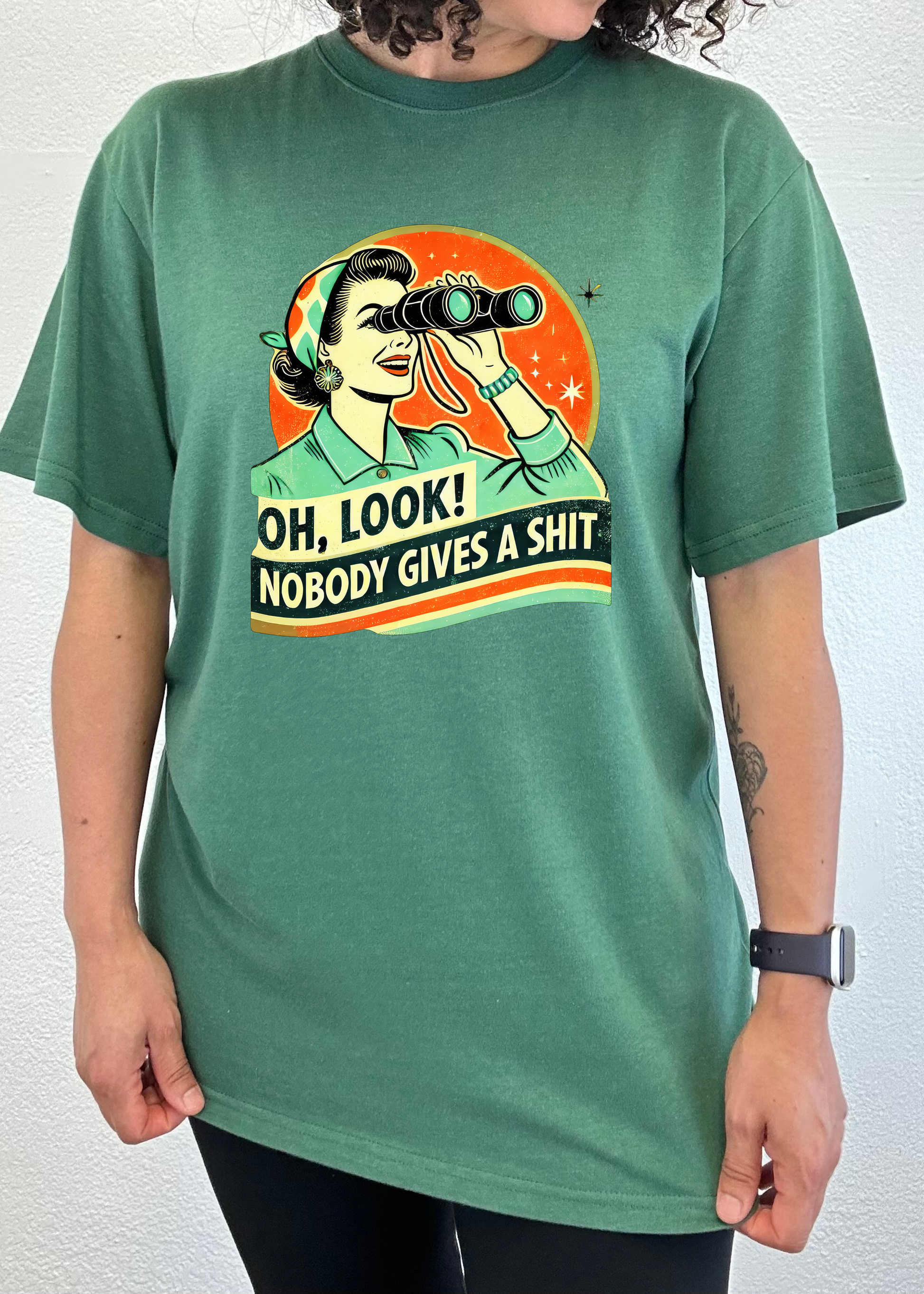 Funny Retro Woman unisex bamboo/cotton graphic tee green with binoculars print Spun Bamboo on Tampa Home & Garden Store