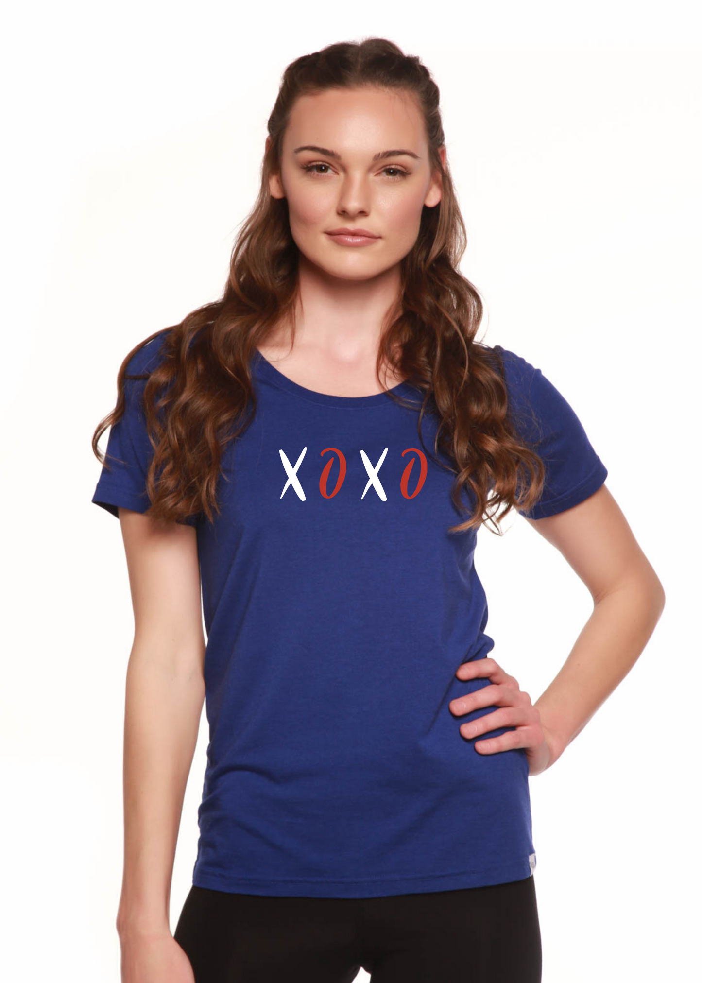 XOXO women's bamboo sleeve scoop neck graphic t-shirt blue on model on Tampa Home & Garden Store